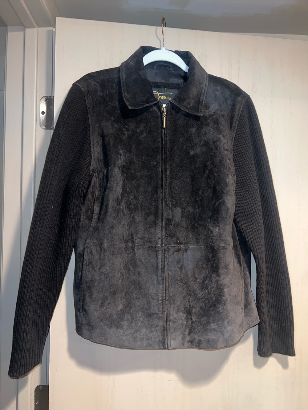 Vintage Chocolate Brown Suede Zip-Front Jacket with Knit Sleeves